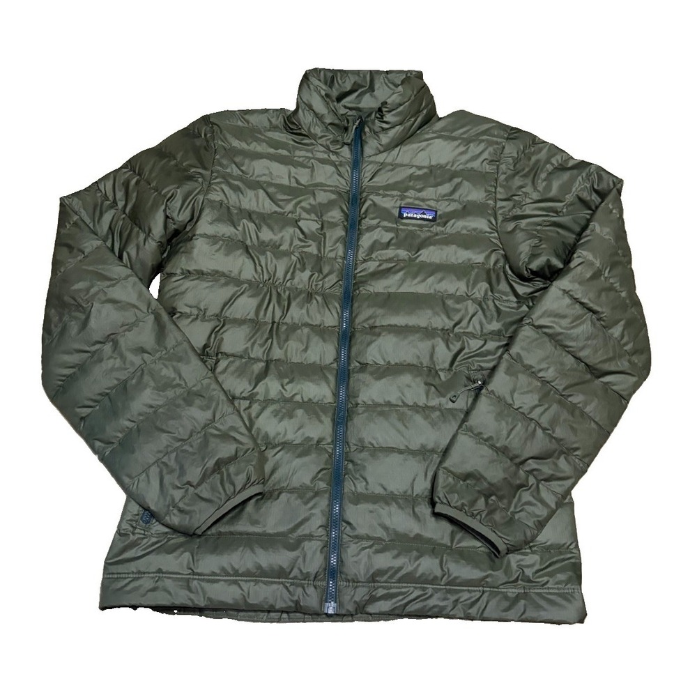 Patagonia Mens S Down Sweater Jacket Puffer Green Logo Outdoor Full Zip Pockets